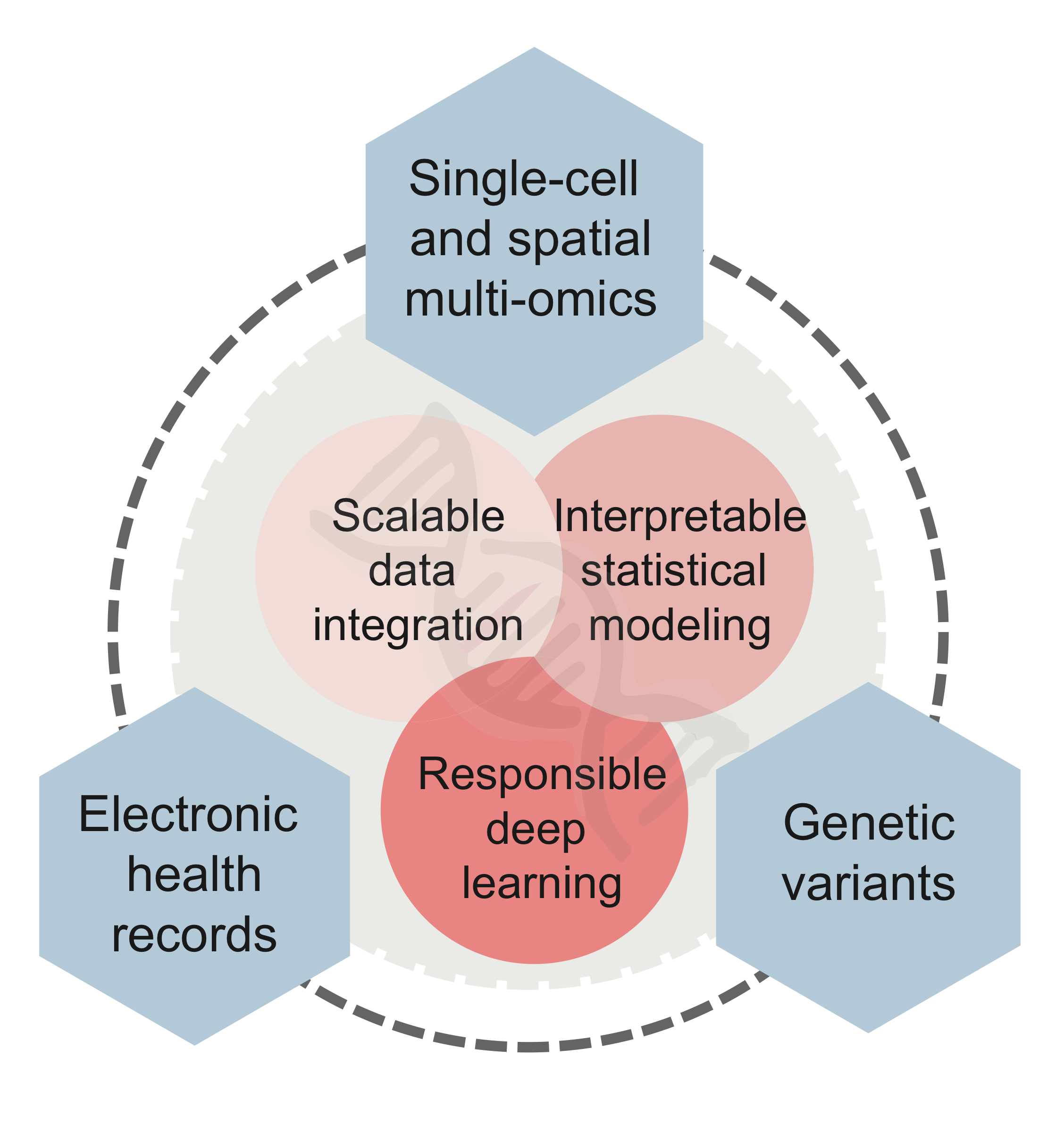 Research directions connecting single-cell and spatial multi-omics, electronic health records and genetic variants with scalable data integration, interpretable statistical modelling and responsible deep learning